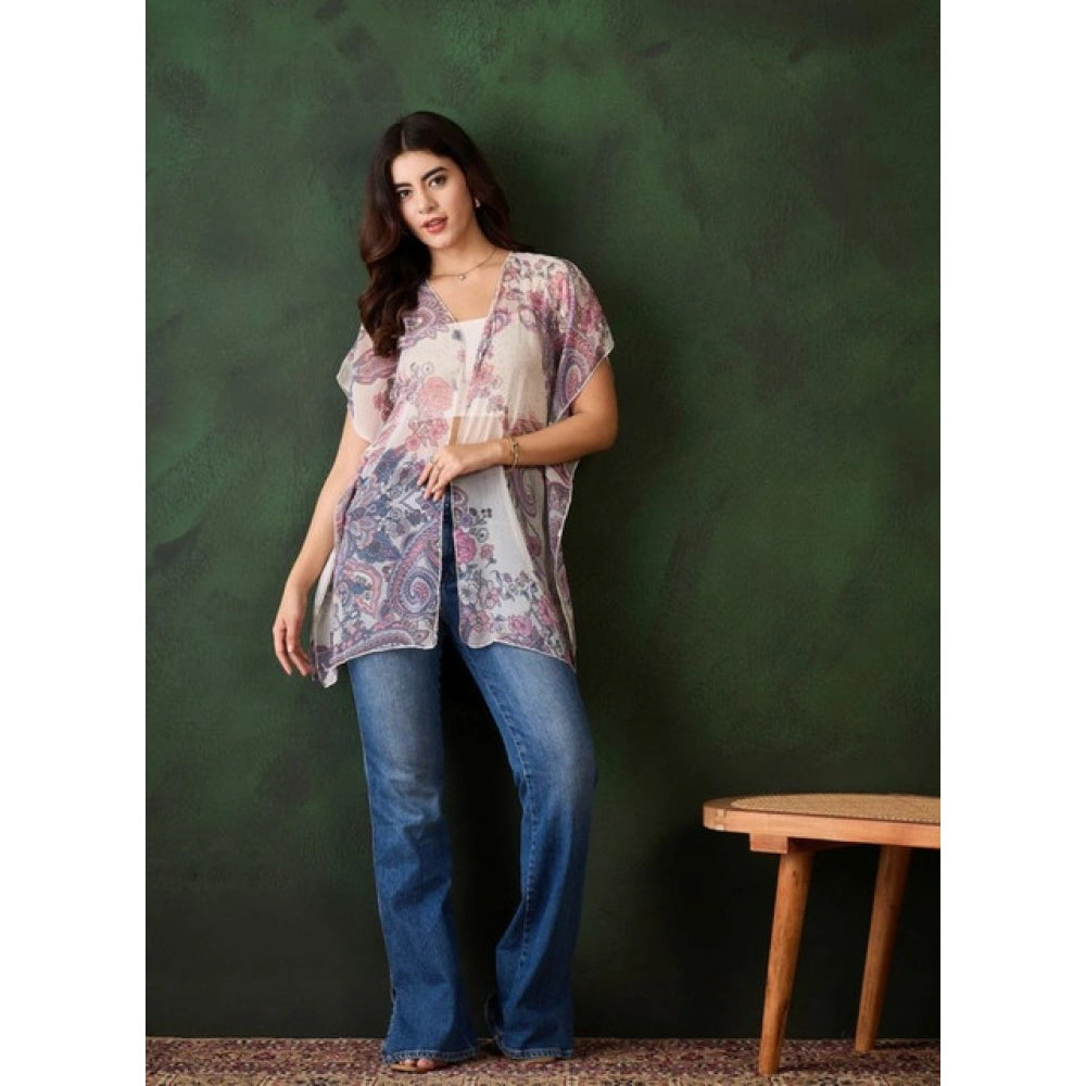 Vaystra Chiffon Printed Short Sleeves Shrug – White-Purple