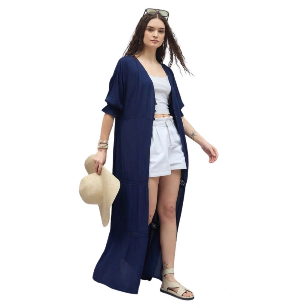 Vaystra Rayon Crepe Lace Inserts 3-4th Sleeve Shrug – Navy