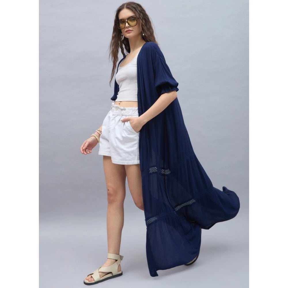 Vaystra Rayon Crepe Lace Inserts 3-4th Sleeve Shrug – Navy