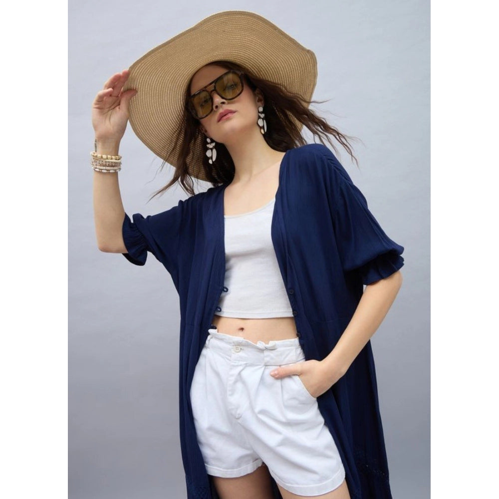 Vaystra Rayon Crepe Lace Inserts 3-4th Sleeve Shrug – Navy