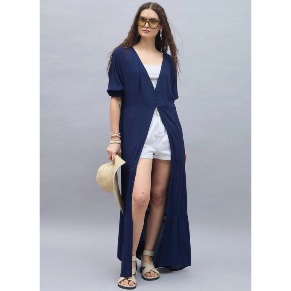 Vaystra Rayon Crepe Lace Inserts 3-4th Sleeve Shrug – Navy