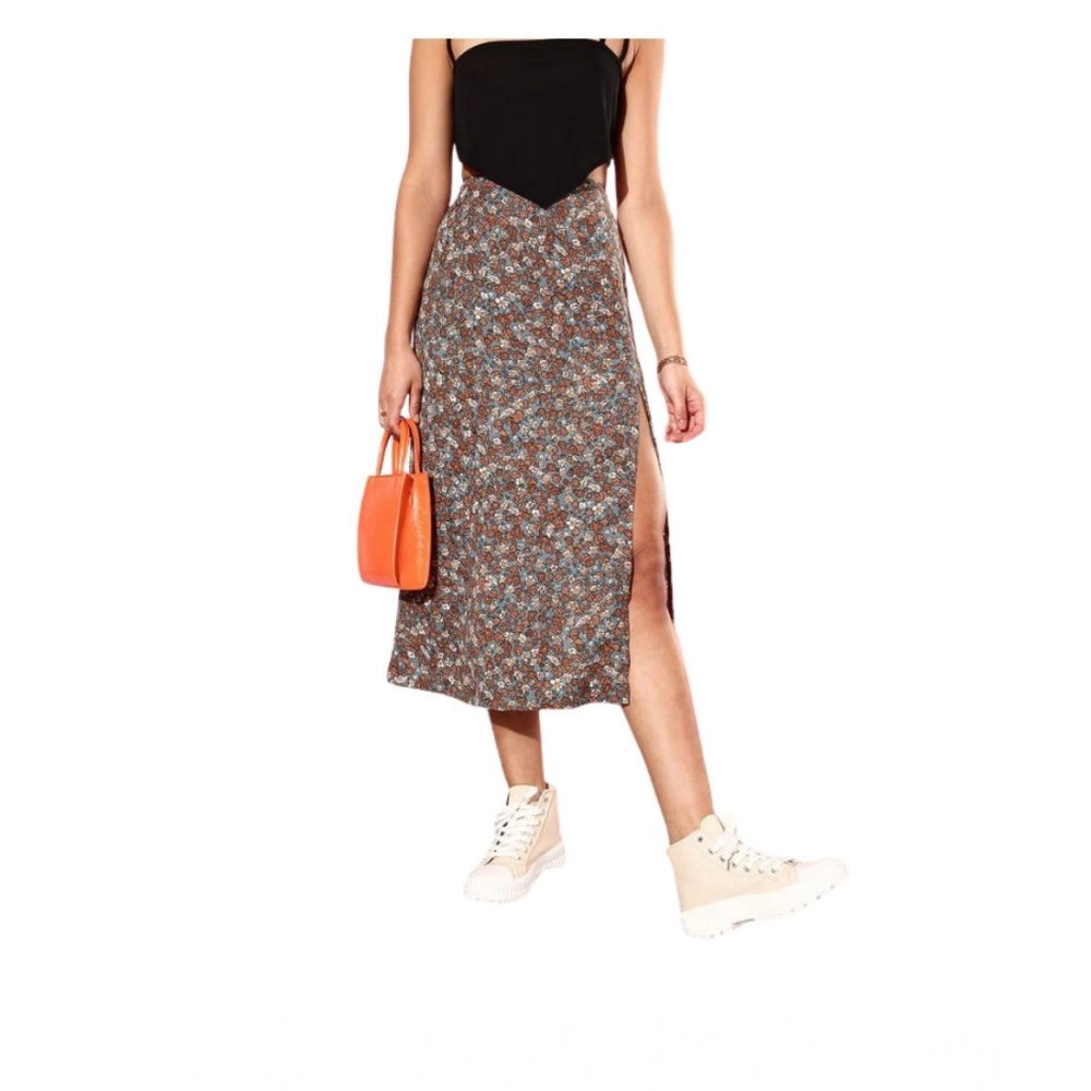 Vaystra Polyester Floral Side Zip Skirt – Grey-Coral