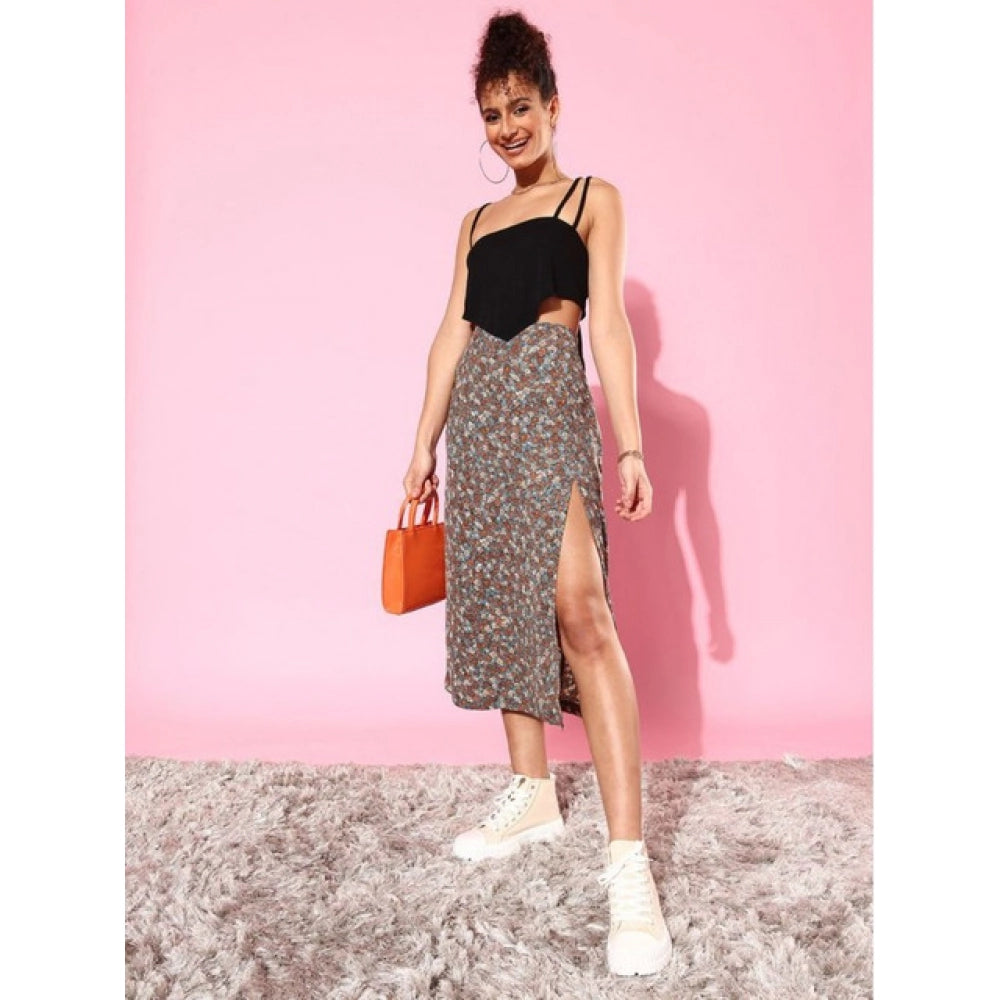 Vaystra Polyester Floral Side Zip Skirt – Grey-Coral