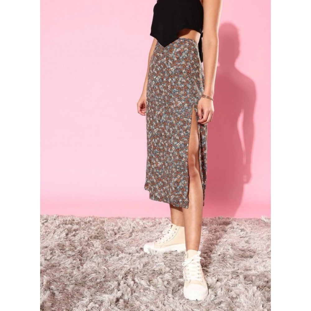 Vaystra Polyester Floral Side Zip Skirt – Grey-Coral