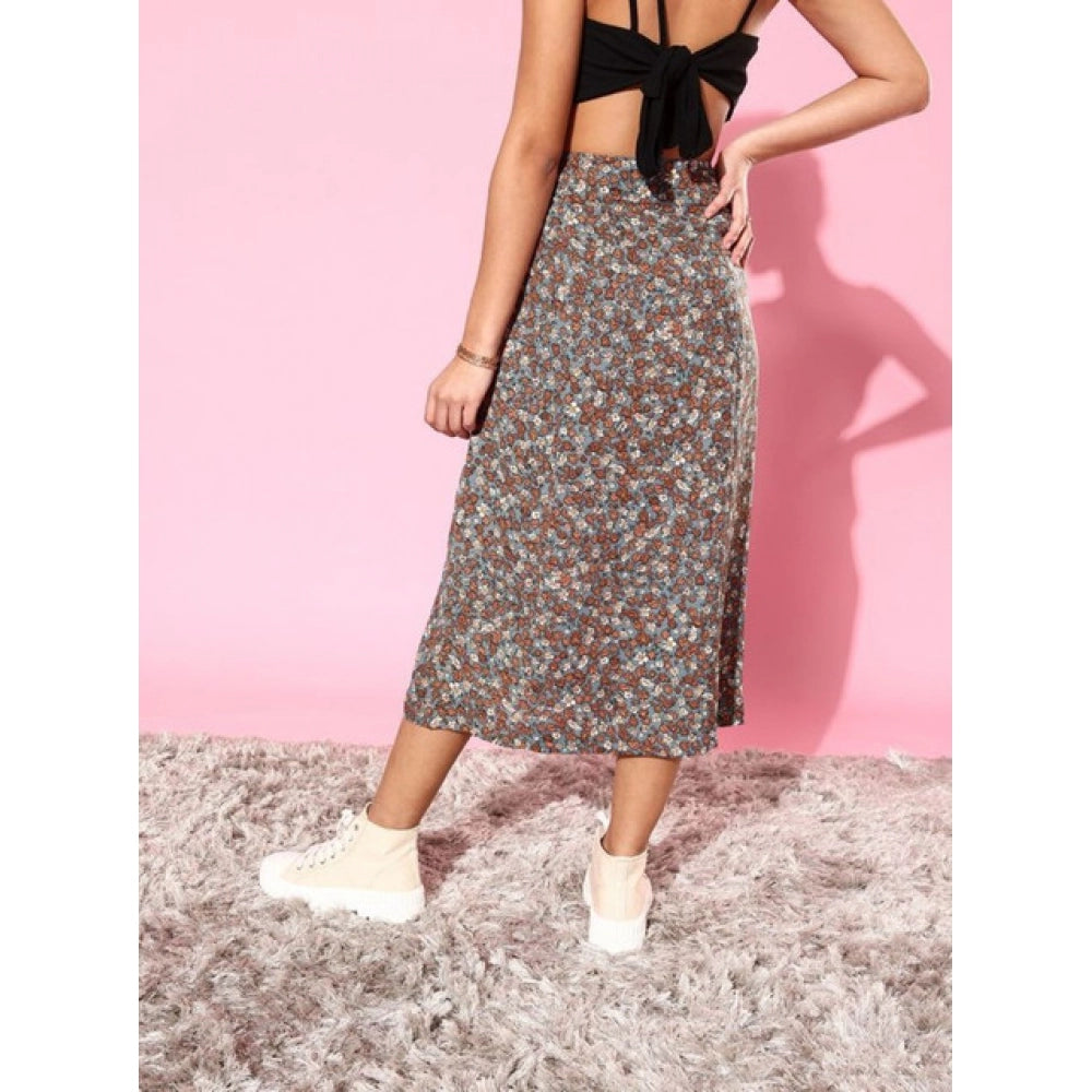 Vaystra Polyester Floral Side Zip Skirt – Grey-Coral