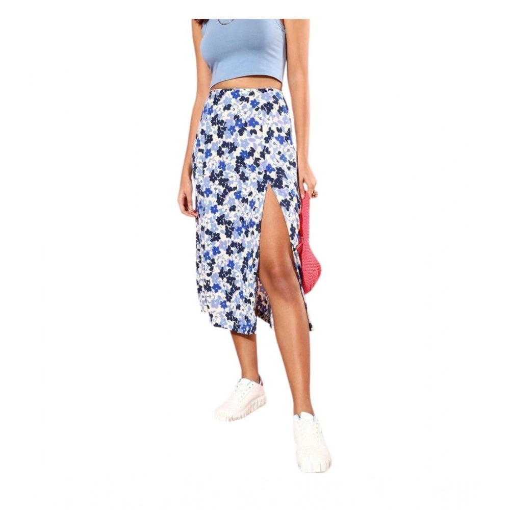 Vaystra Polyester Floral Side Zip Skirt – Blue-White