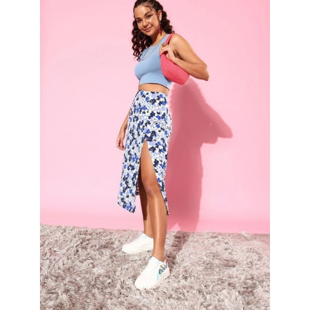 Vaystra Polyester Floral Side Zip Skirt – Blue-White