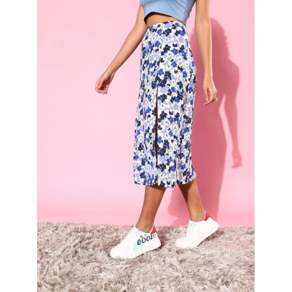 Vaystra Polyester Floral Side Zip Skirt – Blue-White