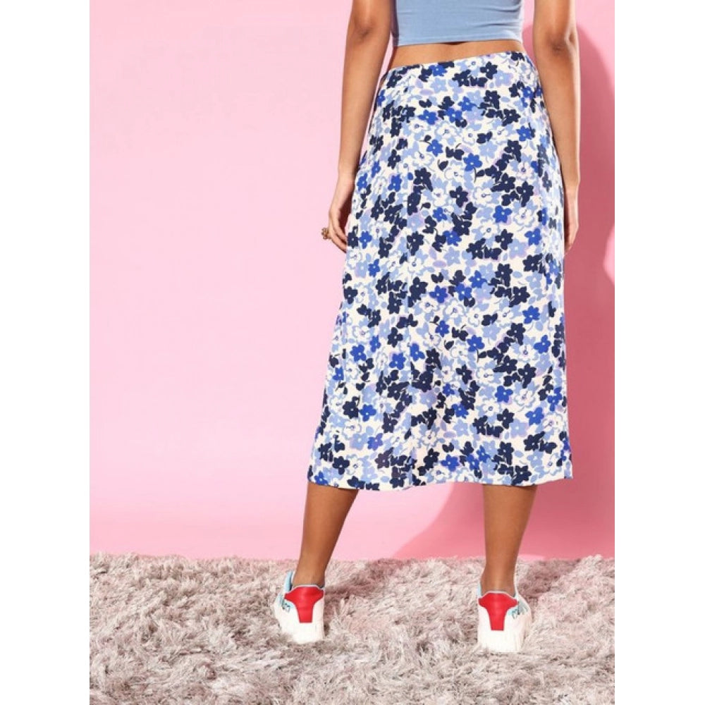 Vaystra Polyester Floral Side Zip Skirt – Blue-White