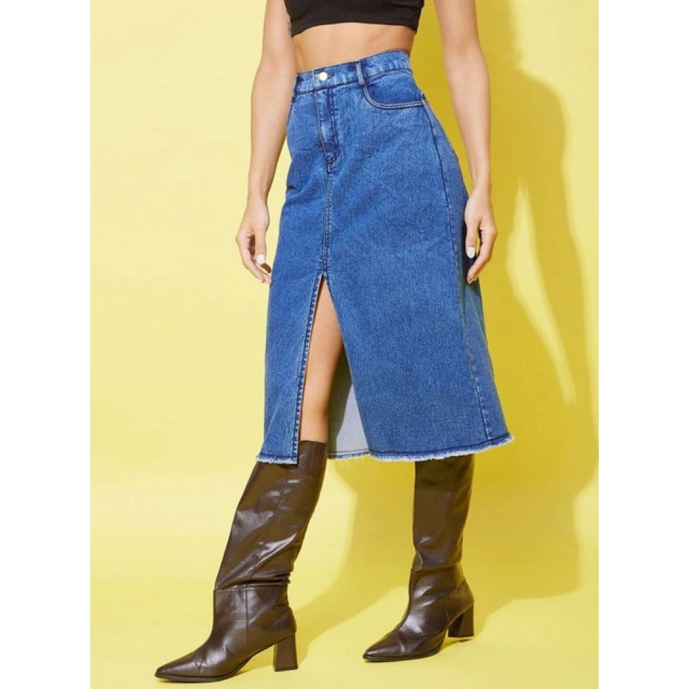 Vaystra Denim Solid Buttoned Skirt – Blue