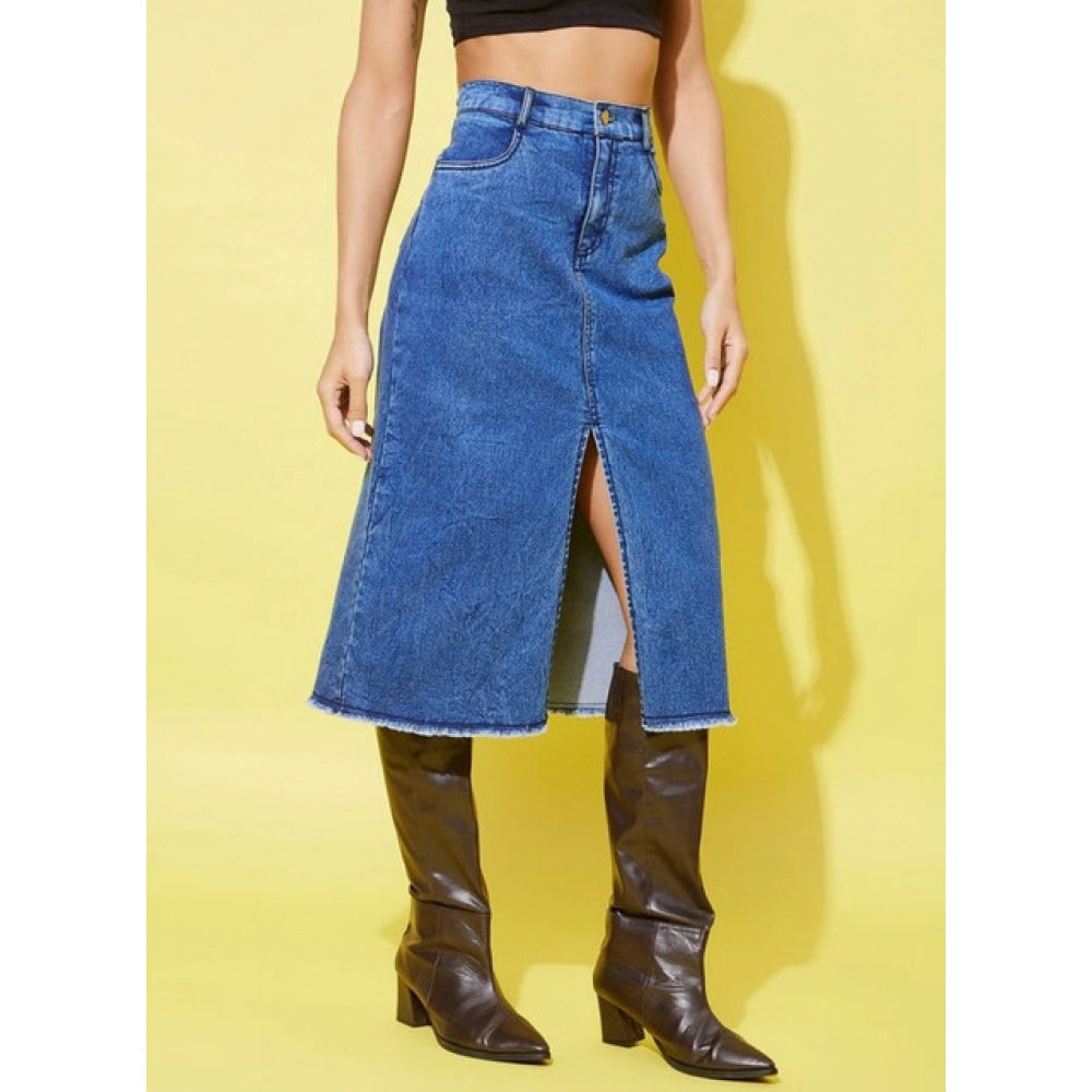 Vaystra Denim Solid Buttoned Skirt – Blue