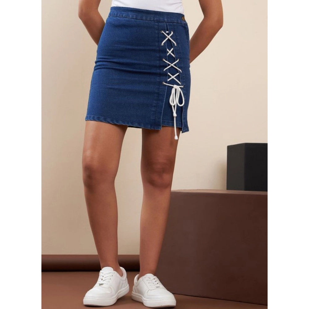 Vaystra Denim Lycra Solid Button Skirt – Blue