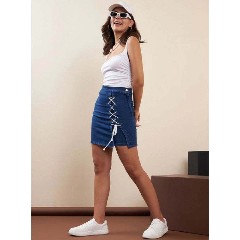 Vaystra Denim Lycra Solid Button Skirt – Blue