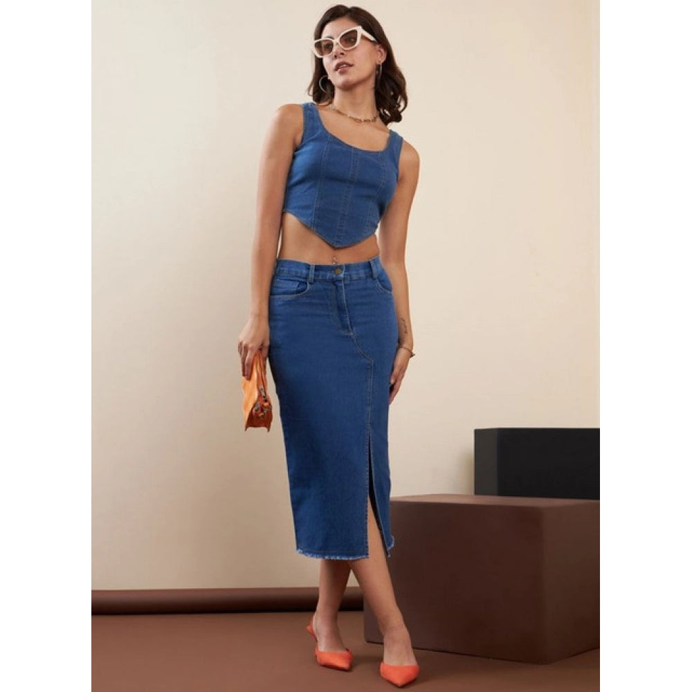 Vaystra Denim Lycra Solid Button Skirt – Blue