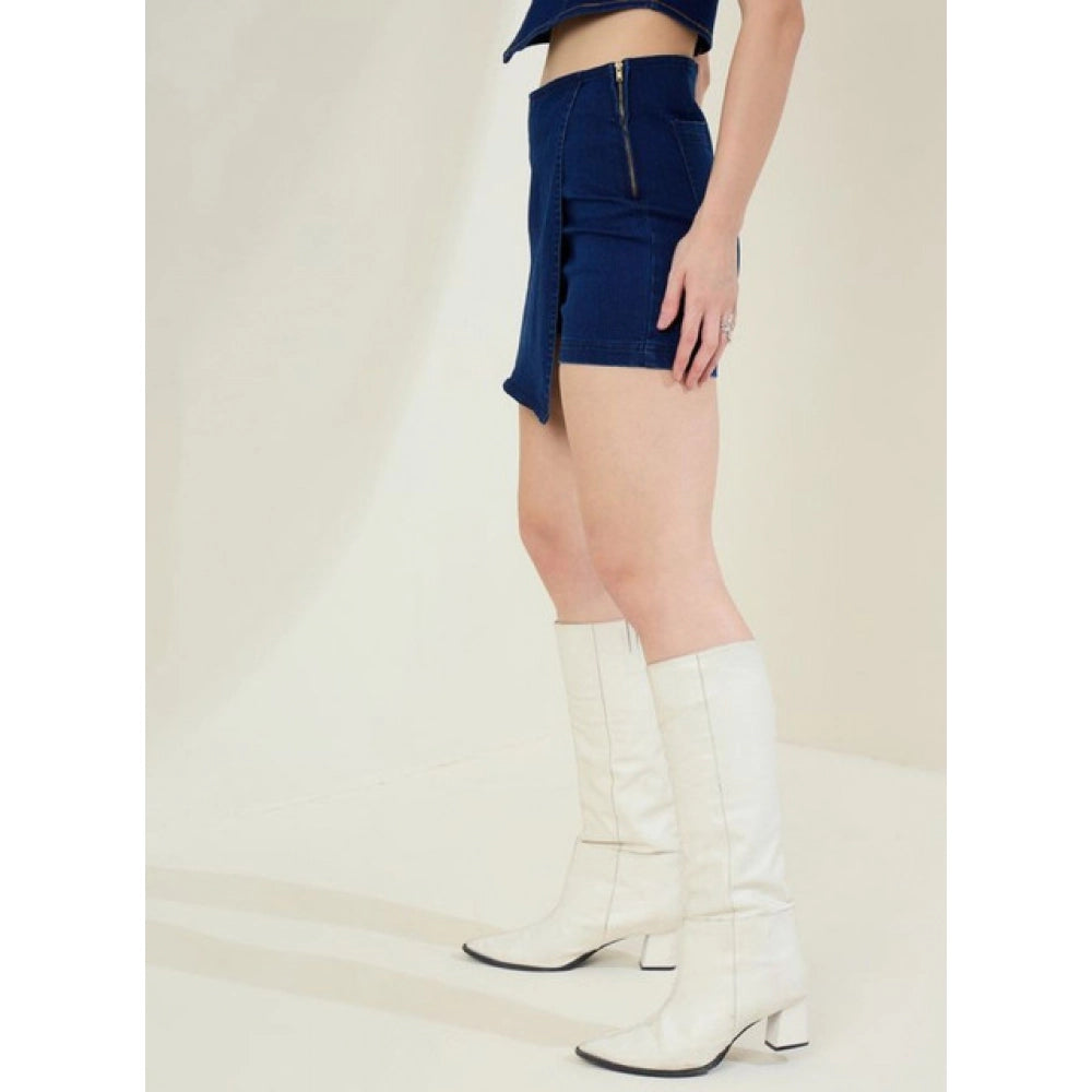 Vaystra Denim Lycra Solid Zip Closure Skorts – Navy