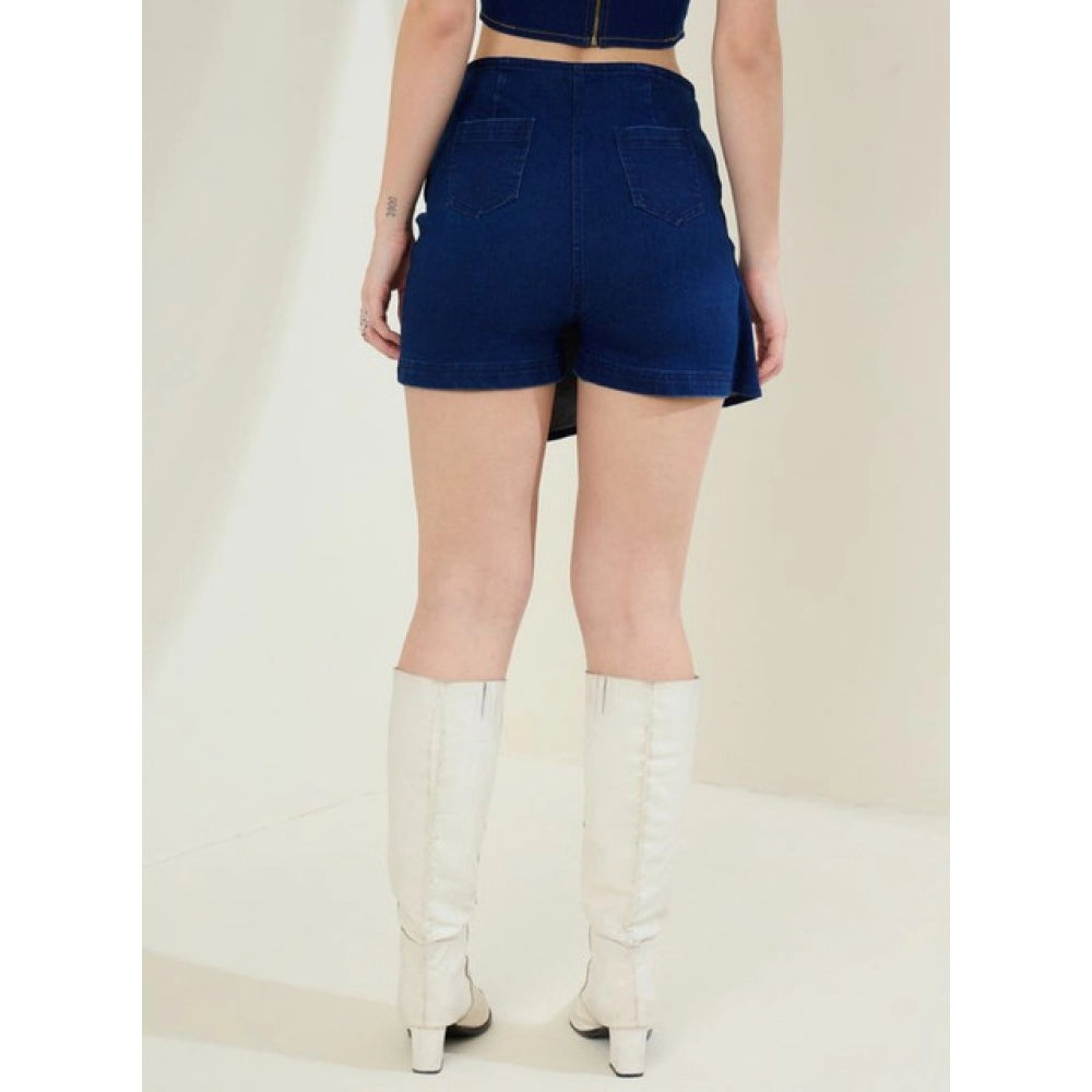 Vaystra Denim Lycra Solid Zip Closure Skorts – Navy