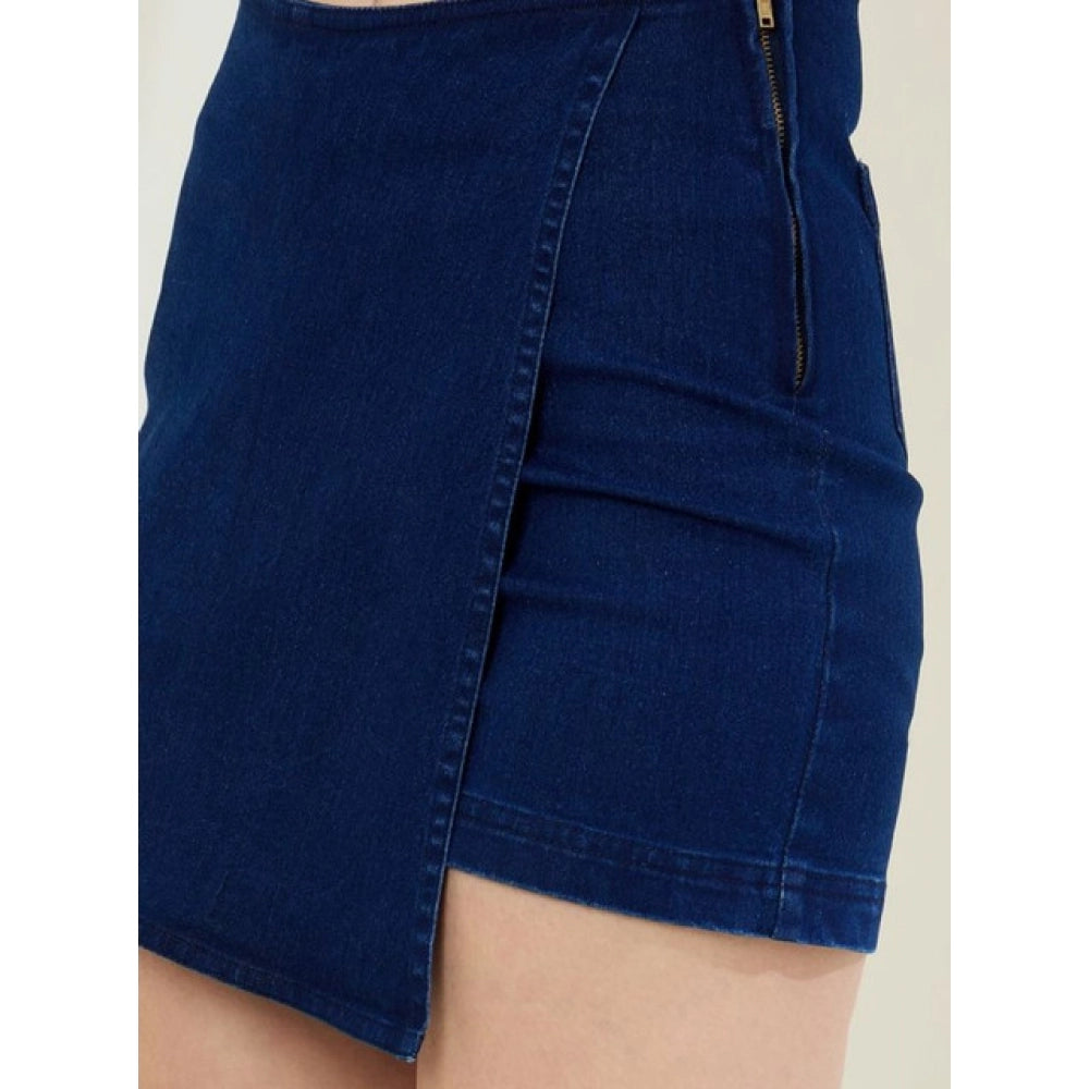 Vaystra Denim Lycra Solid Zip Closure Skorts – Navy
