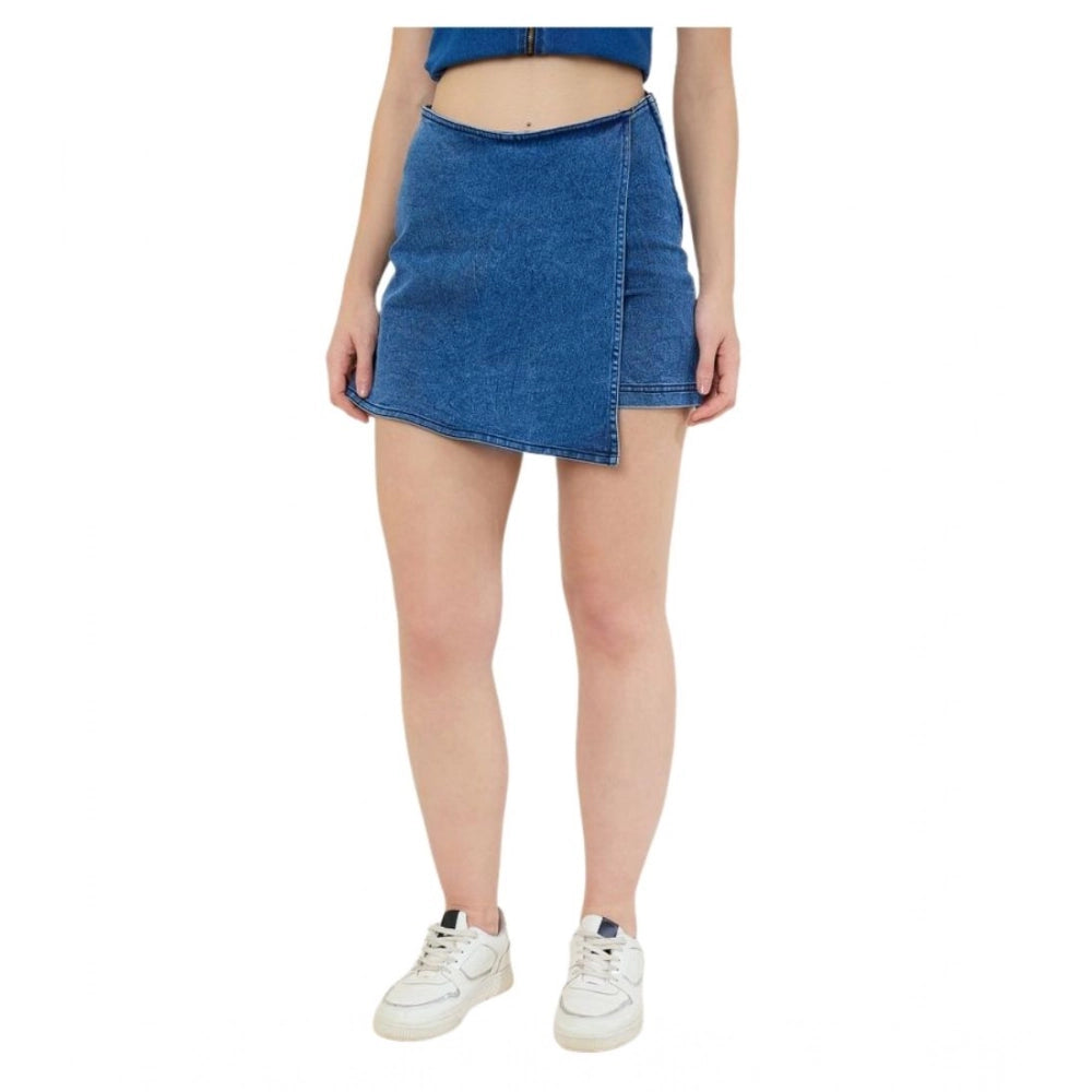 Vaystra Denim Lycra Solid Zip Closure Skorts – Blue