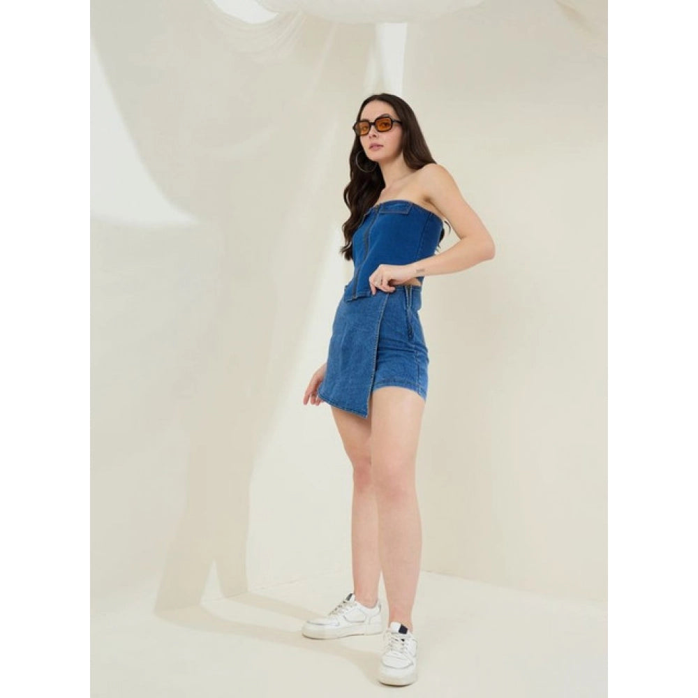Vaystra Denim Lycra Solid Zip Closure Skorts – Blue