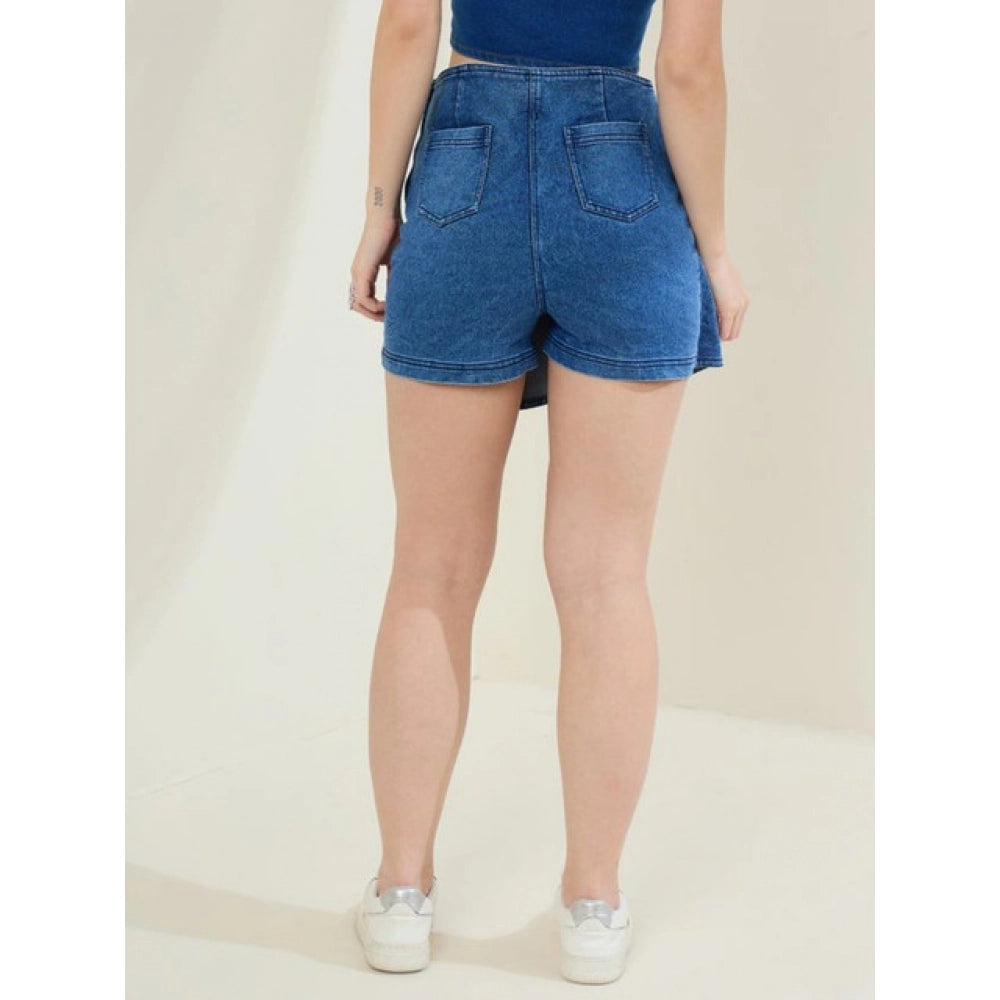 Vaystra Denim Lycra Solid Zip Closure Skorts – Blue
