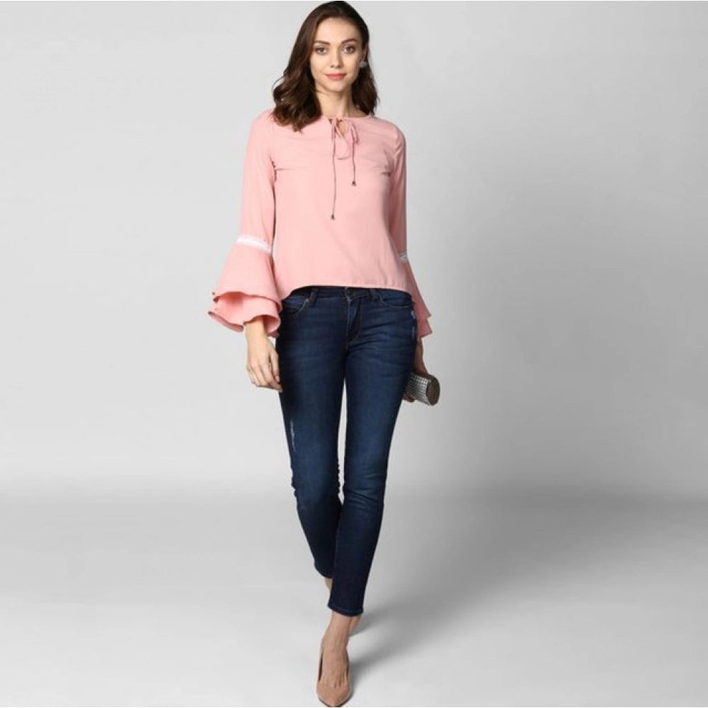 Vaystra Polyester Solid Bell Sleeve Top – Pink