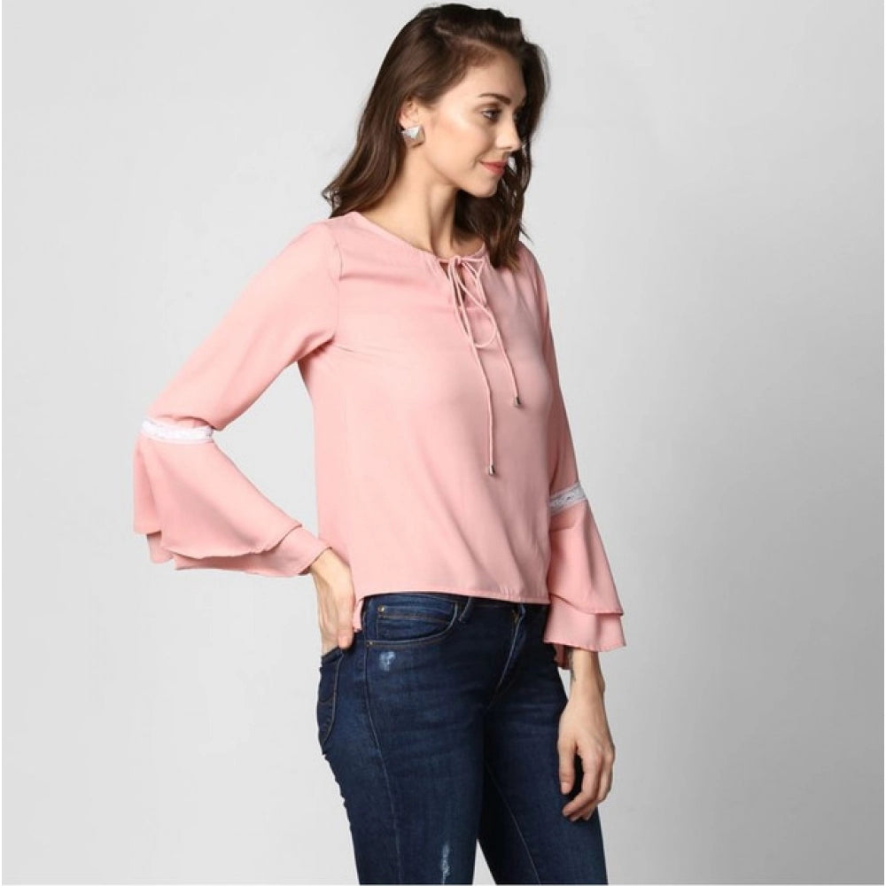 Vaystra Polyester Solid Bell Sleeve Top – Pink