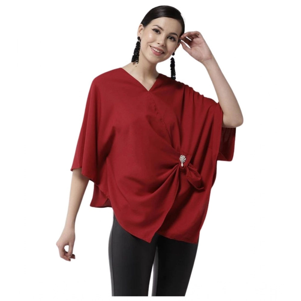 Vaystra Polyester Solid Cape Sleeve Top – Red