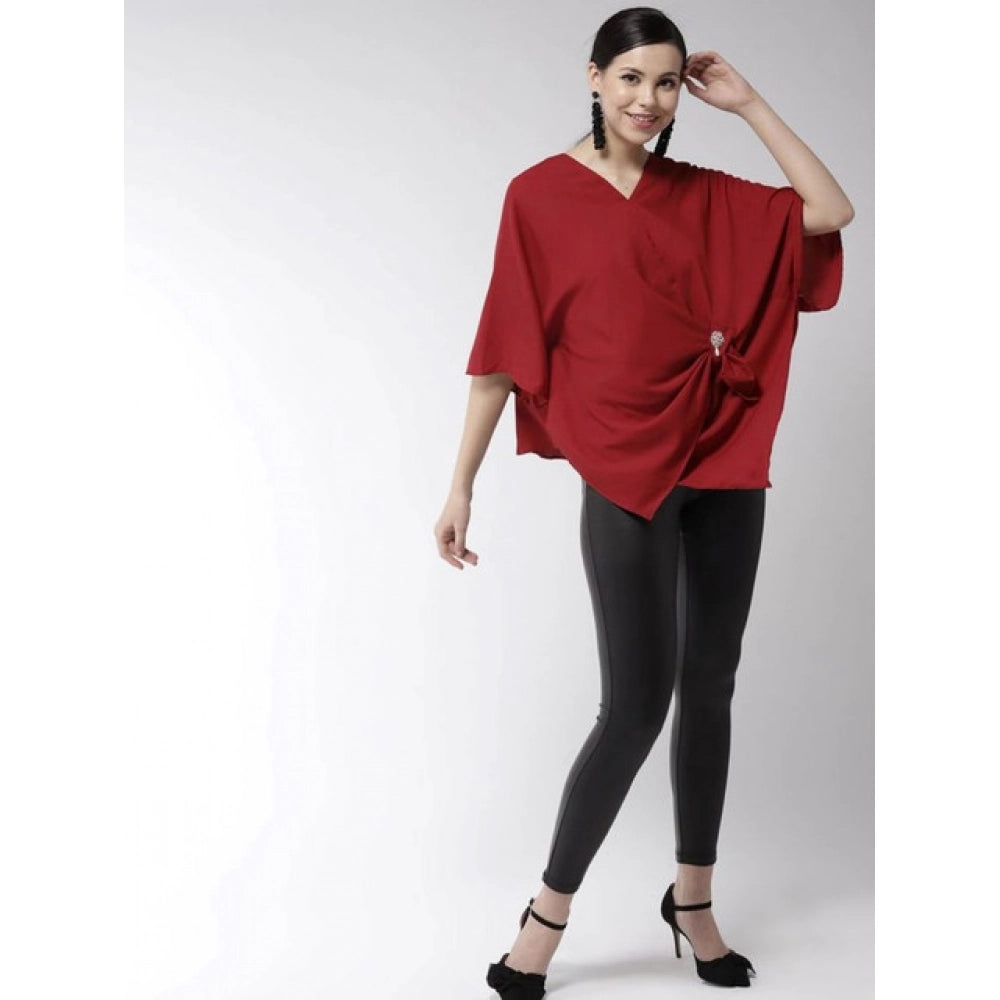 Vaystra Polyester Solid Cape Sleeve Top – Red
