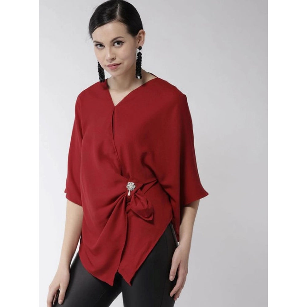 Vaystra Polyester Solid Cape Sleeve Top – Red