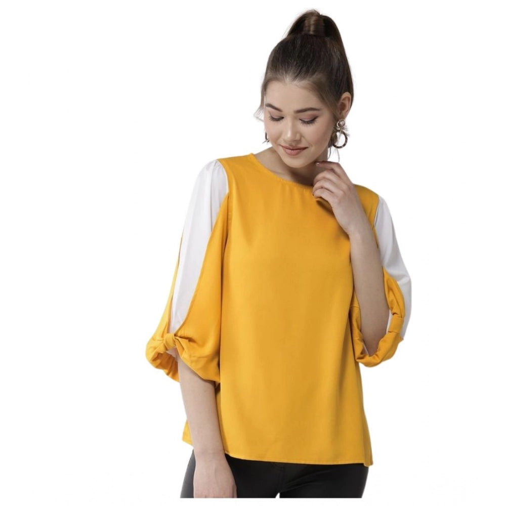 Vaystra Polyester Colour Block Slit Sleeve Top – Yellow-White