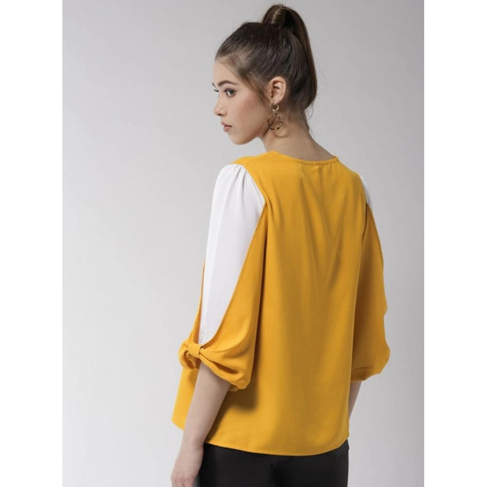 Vaystra Polyester Colour Block Slit Sleeve Top – Yellow-White