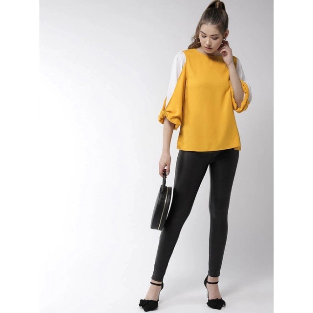 Vaystra Polyester Colour Block Slit Sleeve Top – Yellow-White