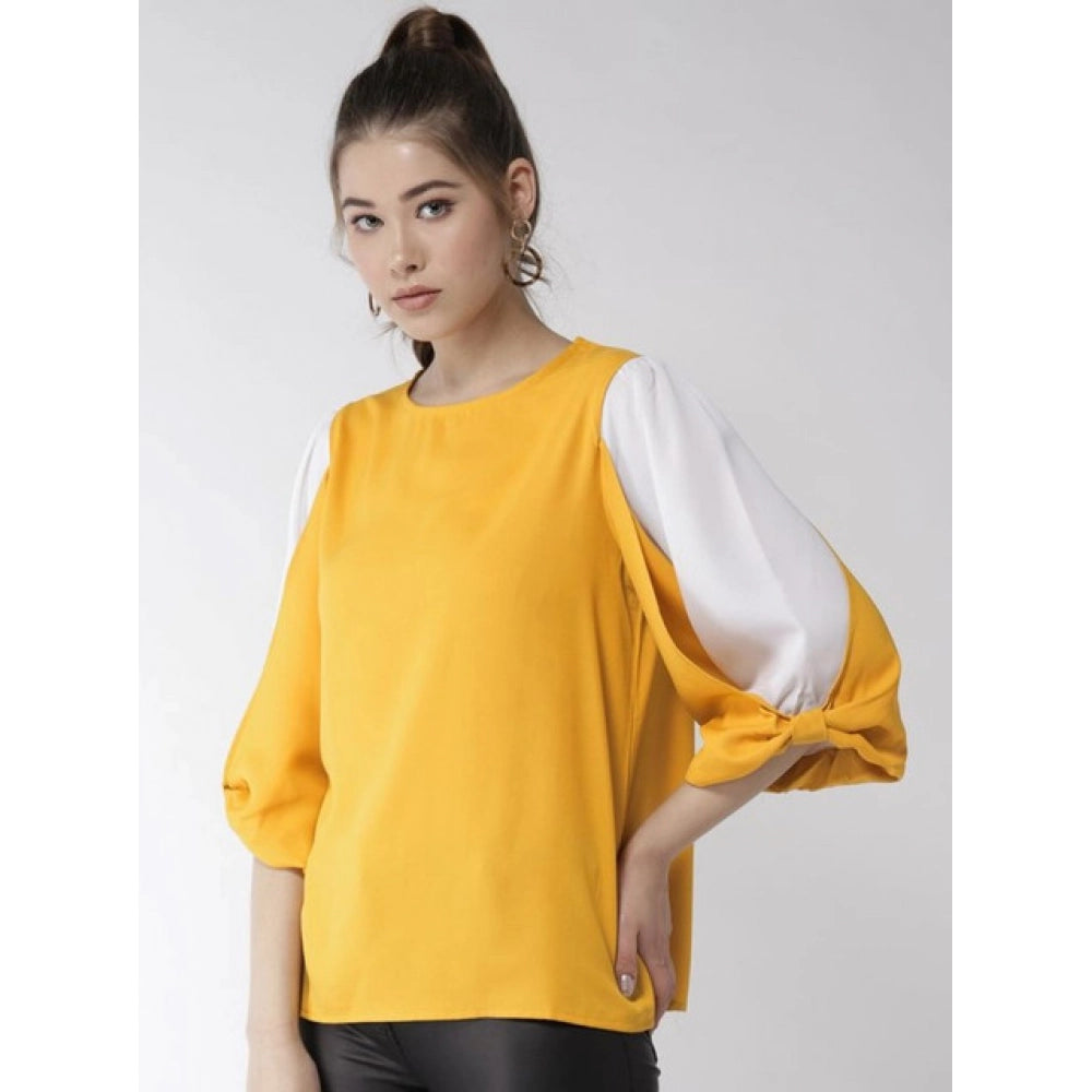 Vaystra Polyester Colour Block Slit Sleeve Top – Yellow-White