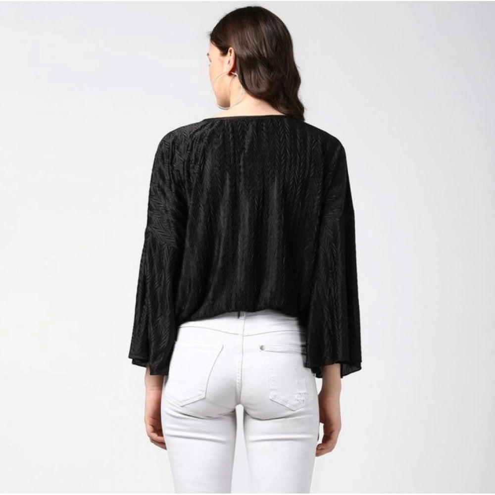 Vaystra Polyester Pleated Balloon Sleeve Top – Black