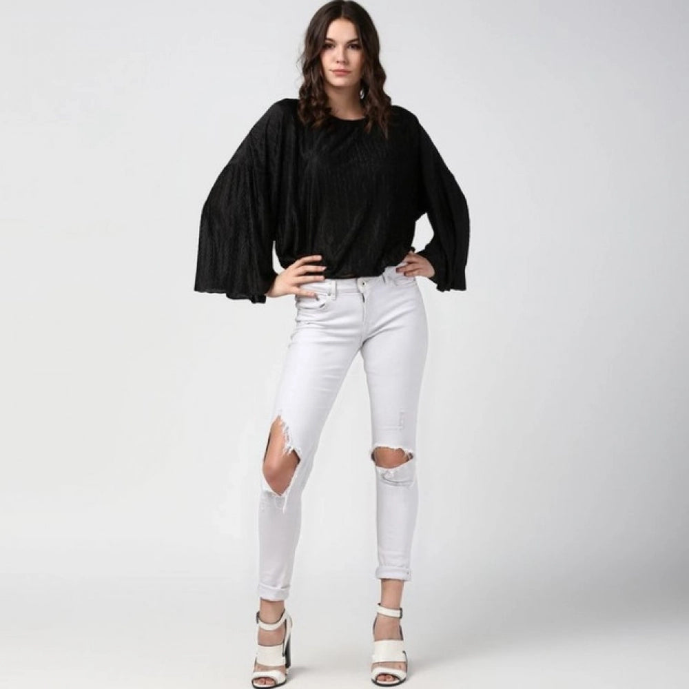 Vaystra Polyester Pleated Balloon Sleeve Top – Black