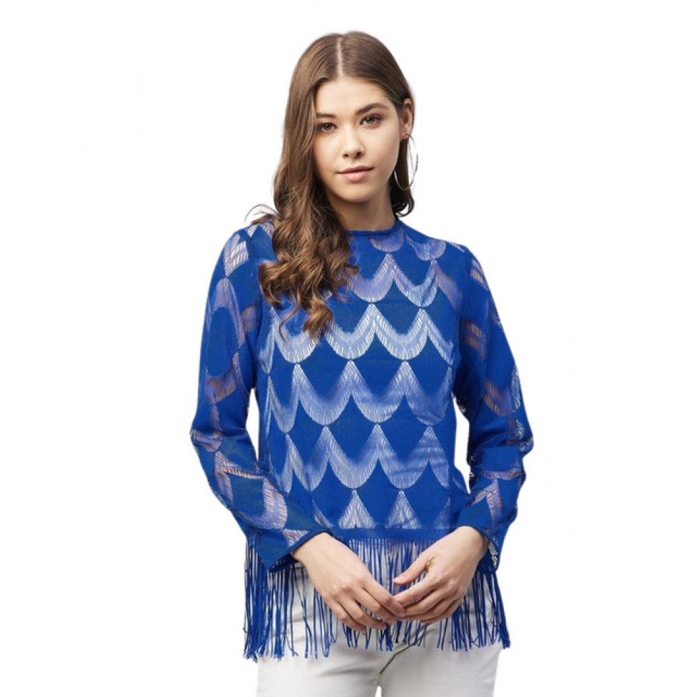 Vaystra Lace Self Design Long Sleeves Top – Blue