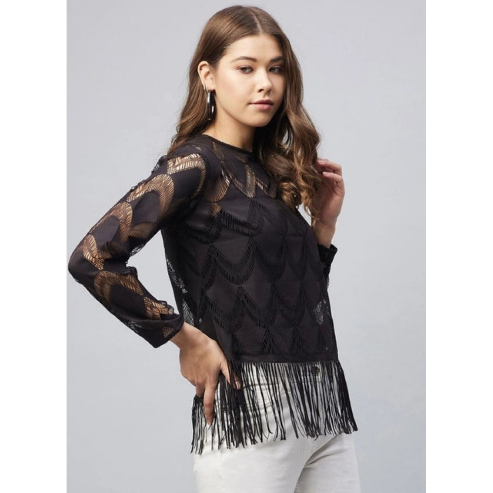 Vaystra Lace Self Design Short Sleeve Top – Black