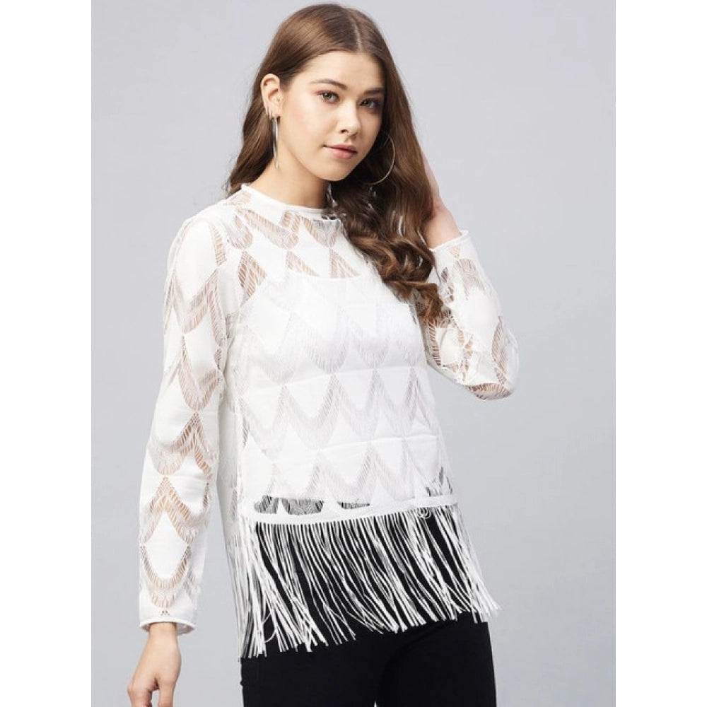 Vaystra Lace Self Design Short Sleeve Top – White