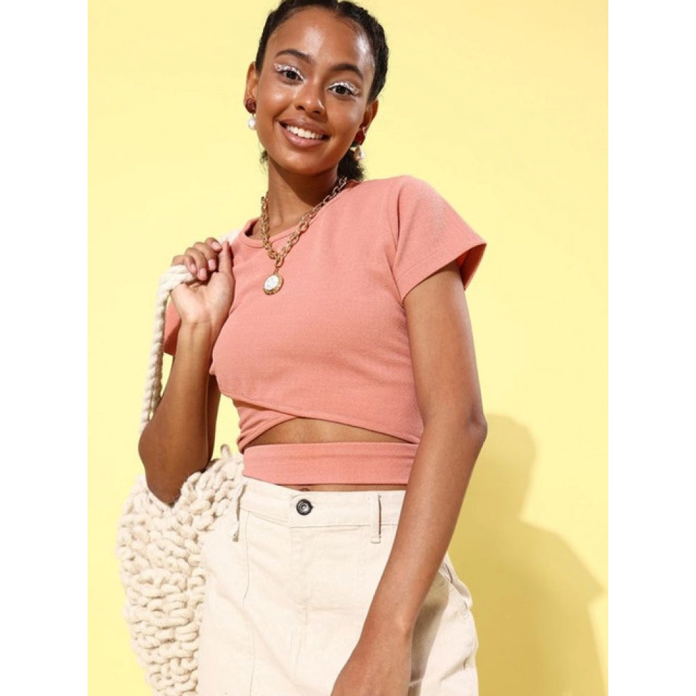 Vaystra Polyester Lycra Solid Short Sleeve Top – Pink