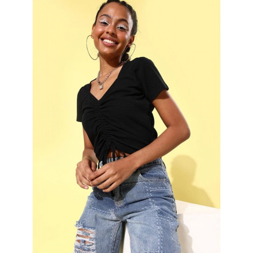 Vaystra Polyester Lycra Solid Short Sleeve Top – Black