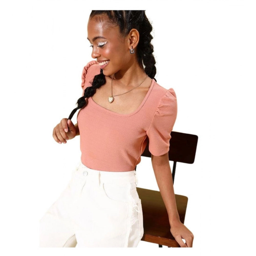 Vaystra Polyester Lycra Solid Short Sleeve Top – Pink