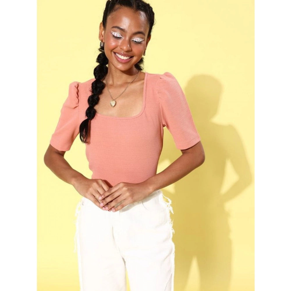 Vaystra Polyester Lycra Solid Short Sleeve Top – Pink