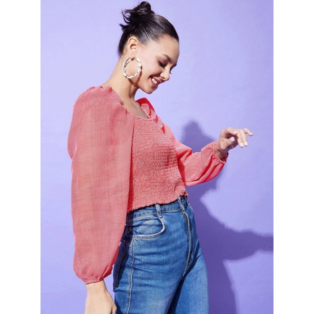 Vaystra Polyester Floral Long Sleeves Top – Red