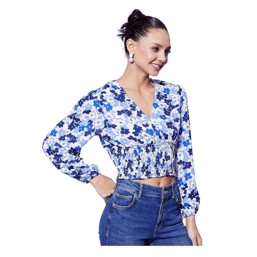 Vaystra Polyester Floral Long Sleeves Top – Blue