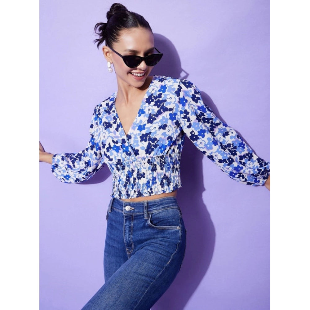 Vaystra Polyester Floral Long Sleeves Top – Blue