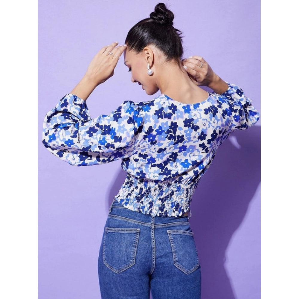Vaystra Polyester Floral Long Sleeves Top – Blue