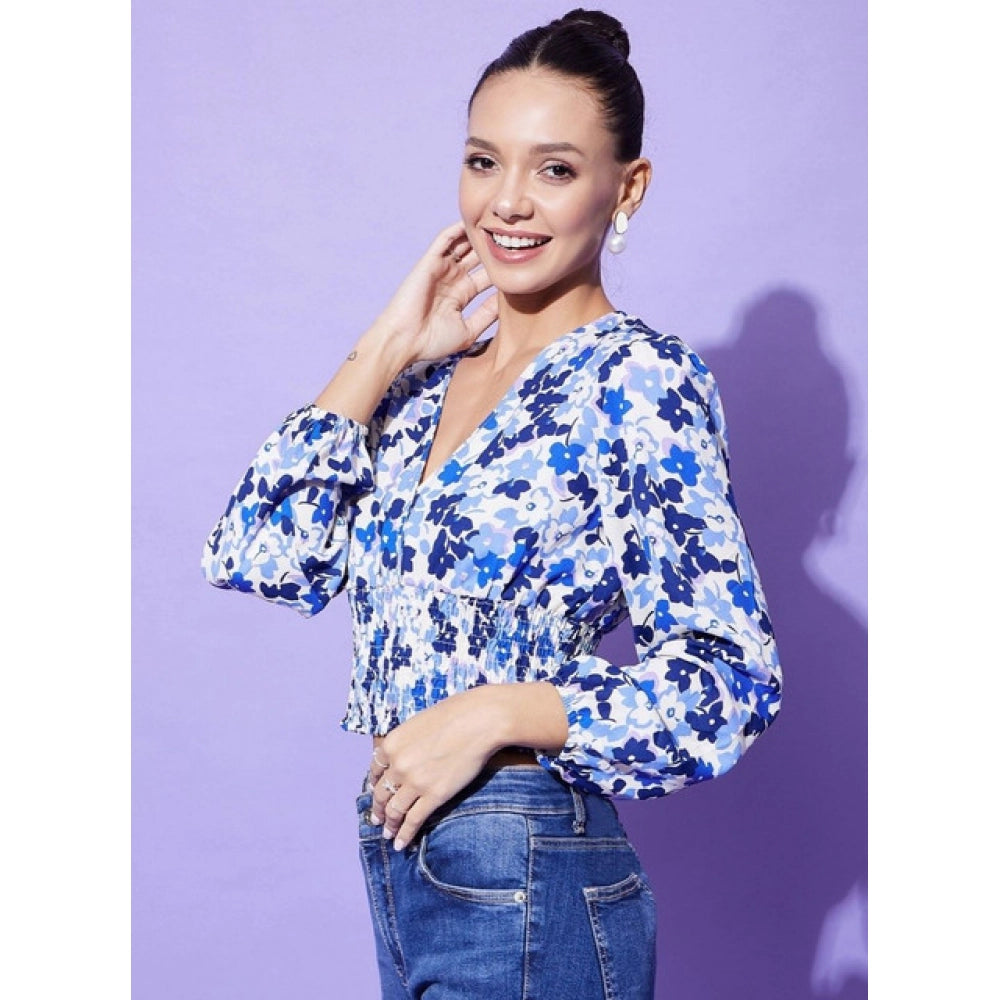 Vaystra Polyester Floral Long Sleeves Top – Blue