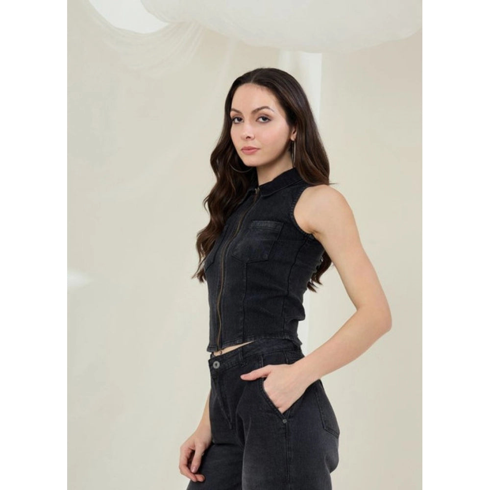 Vaystra Denim Lycra Solid Sleeveless Top – Black