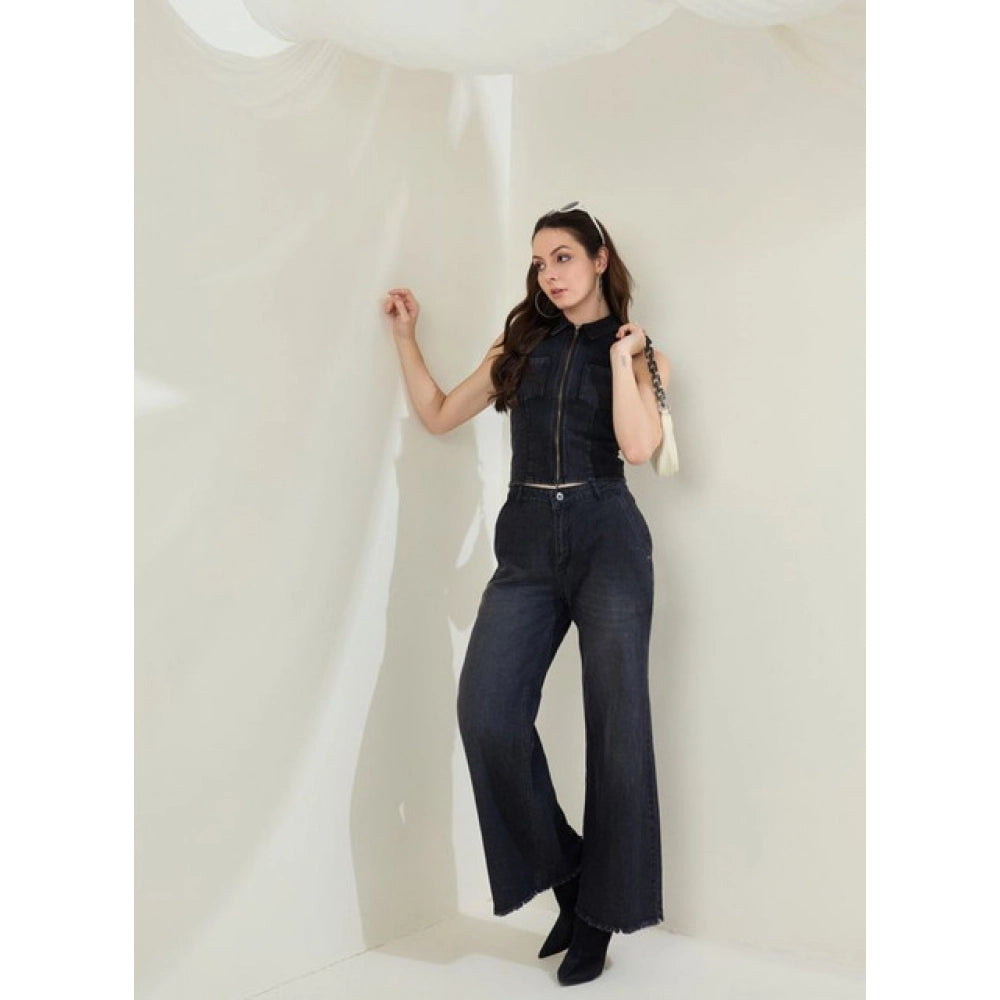 Vaystra Denim Lycra Solid Sleeveless Top – Black