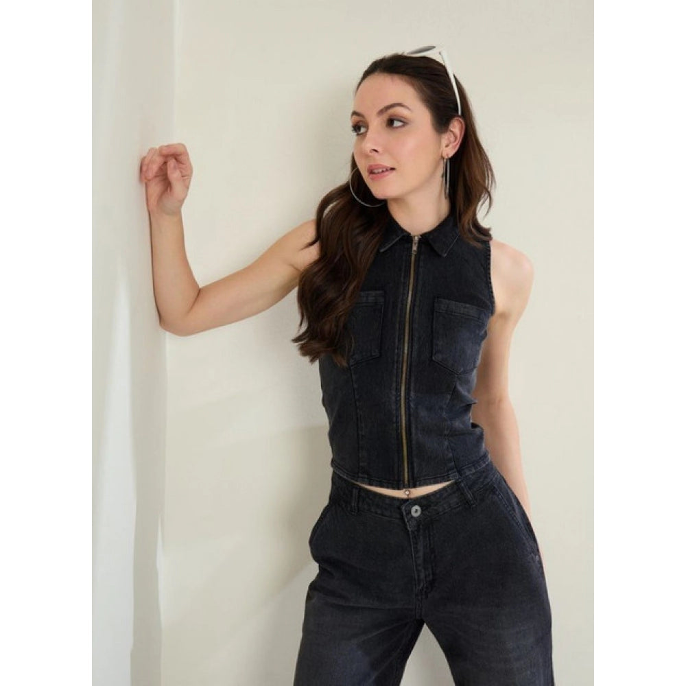 Vaystra Denim Lycra Solid Sleeveless Top – Black